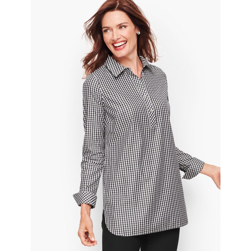 Talbots Non Iron Metallic‎ Perfect Popover Check Shirt Women Size 4 Black White